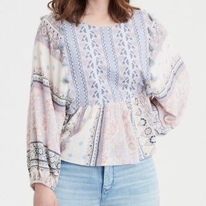 American Eagle boho floral tassel balloon sleeves blouse size medium
